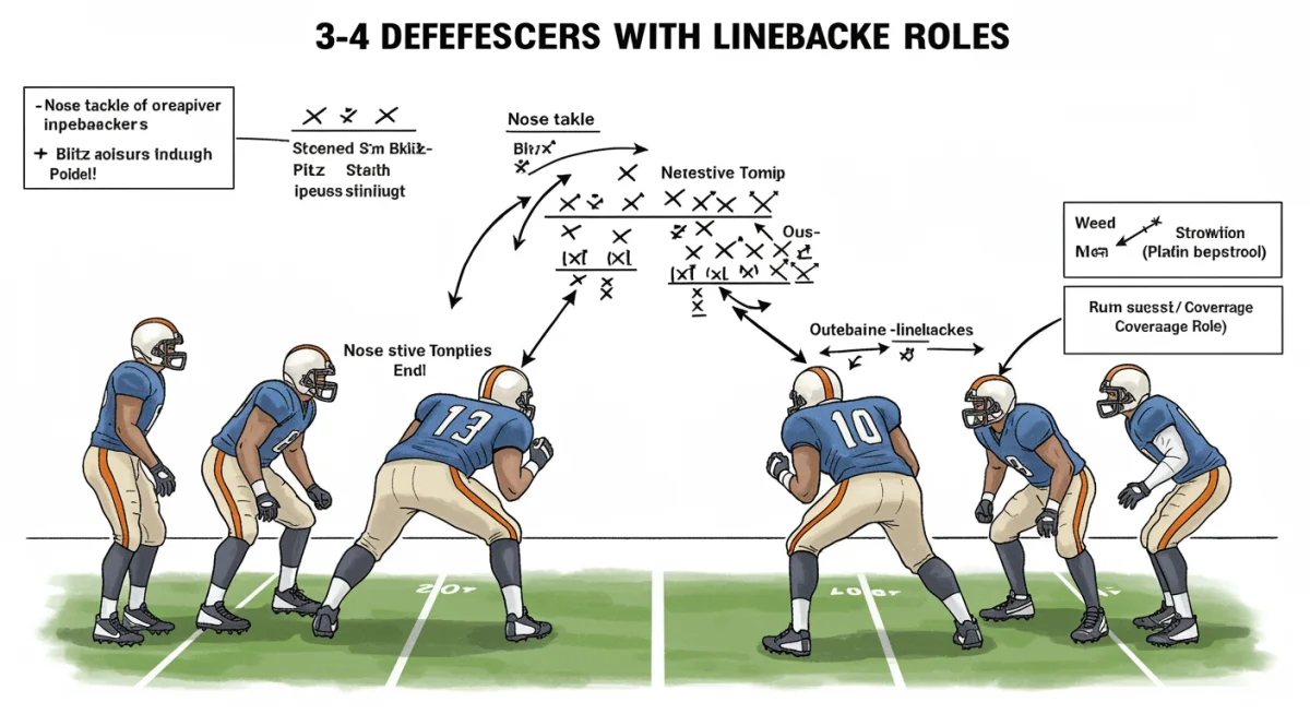 Diagram of a 3-4 defensive formation with player assignments