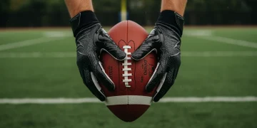 Football player gripping ball with advanced 2025 football gloves