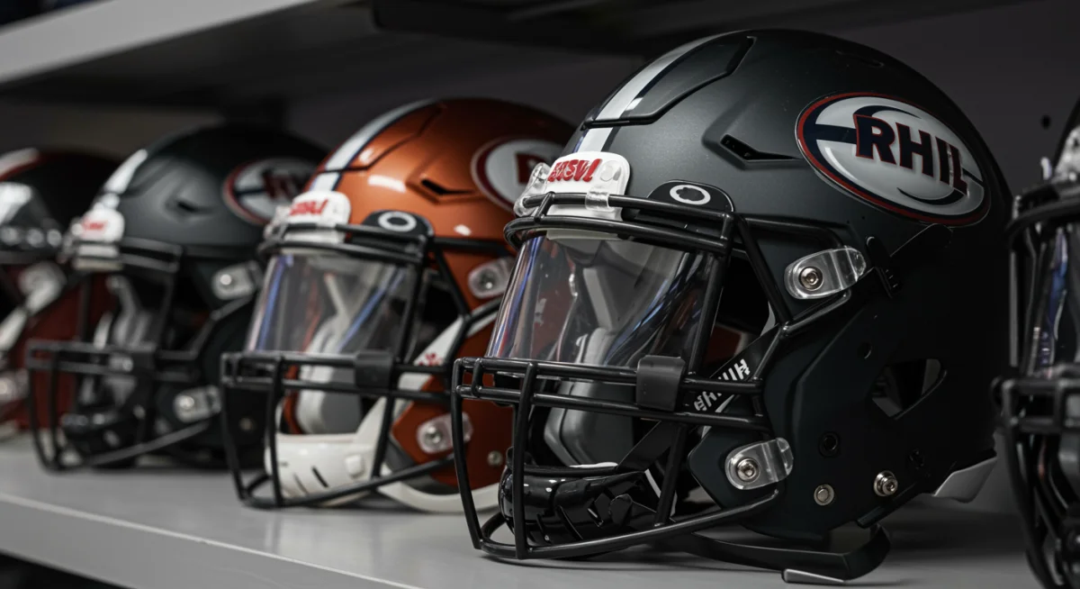 Collection of advanced football helmets for enhanced player safety.