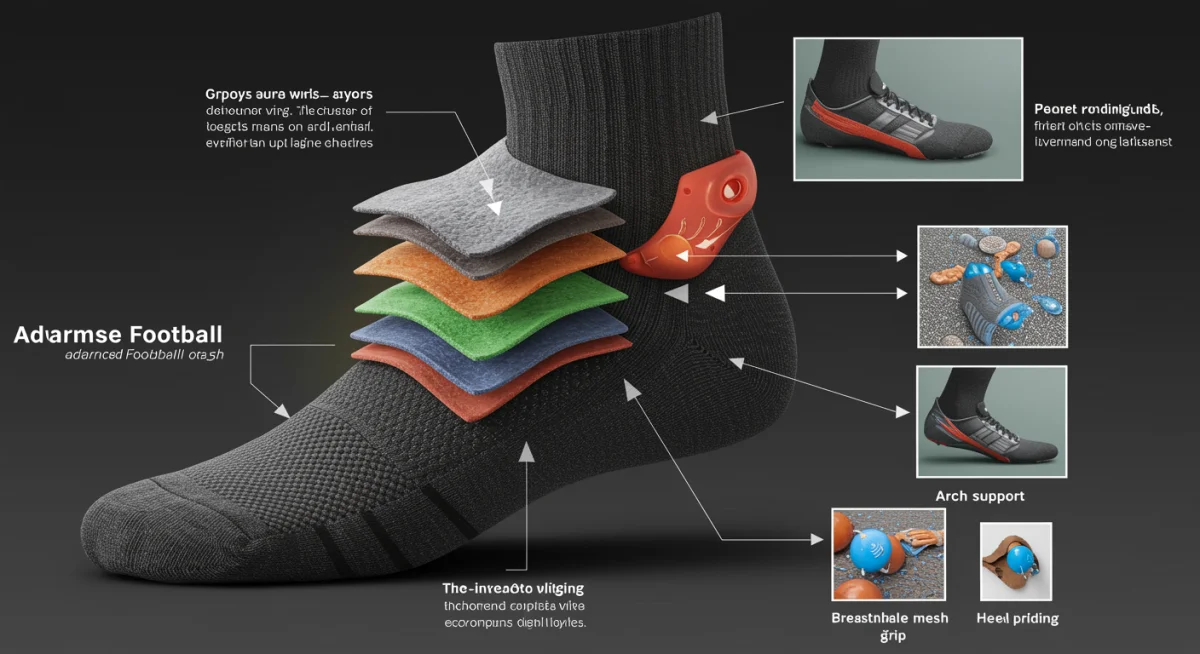 Infographic detailing the multi-layer construction of an advanced football sock, highlighting moisture-wicking, cushioning, and grip features.
