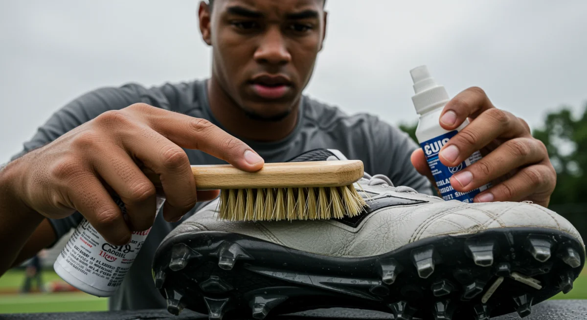 Person cleaning football cleats for longevity