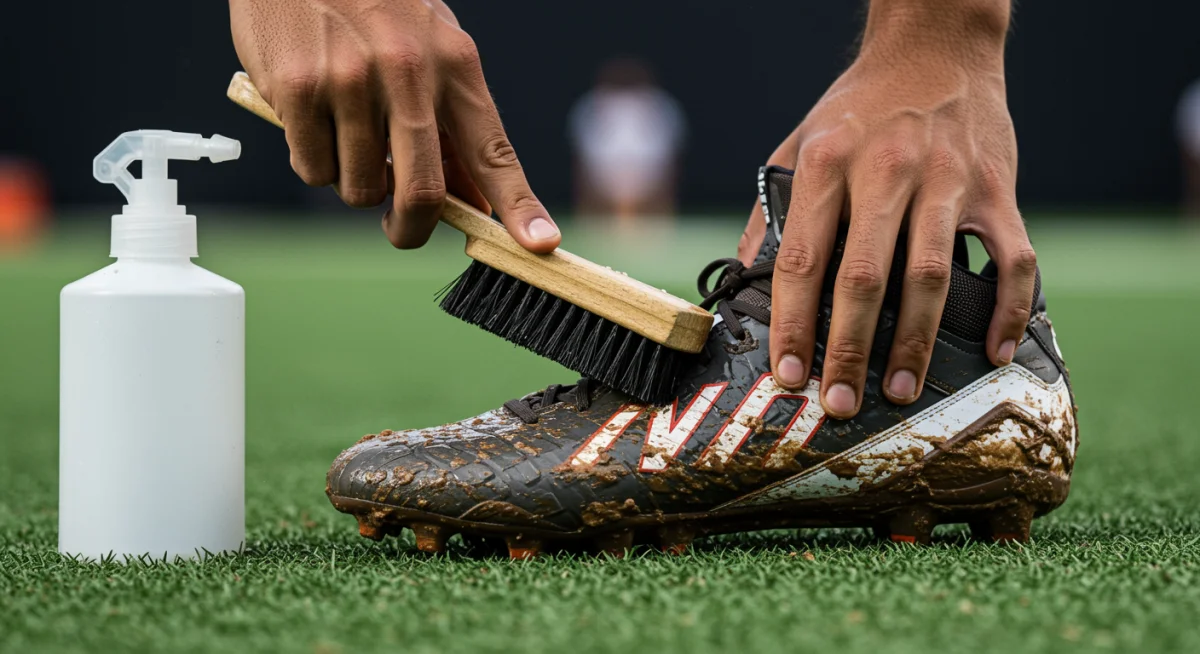 Football player cleaning muddy cleats with brush and solution