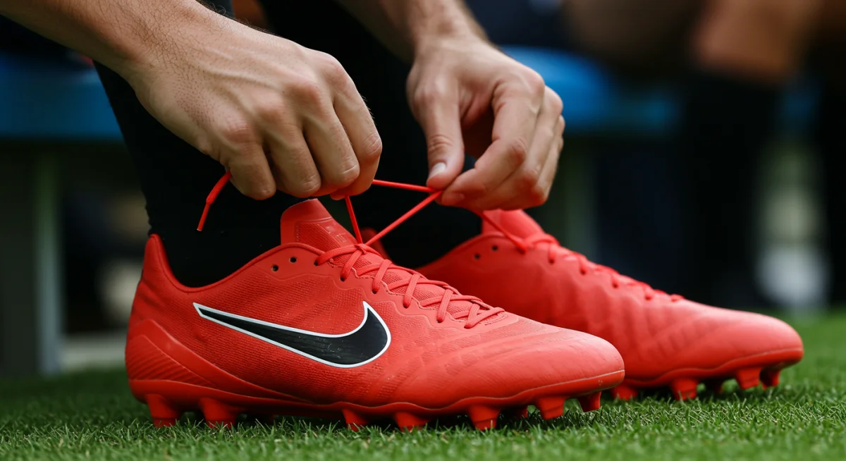 Football player re-lacing a cleat on the bench