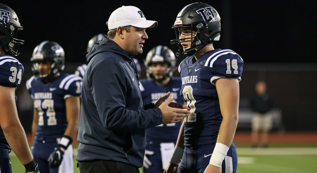 High school football coach mentoring a player on mental strategy