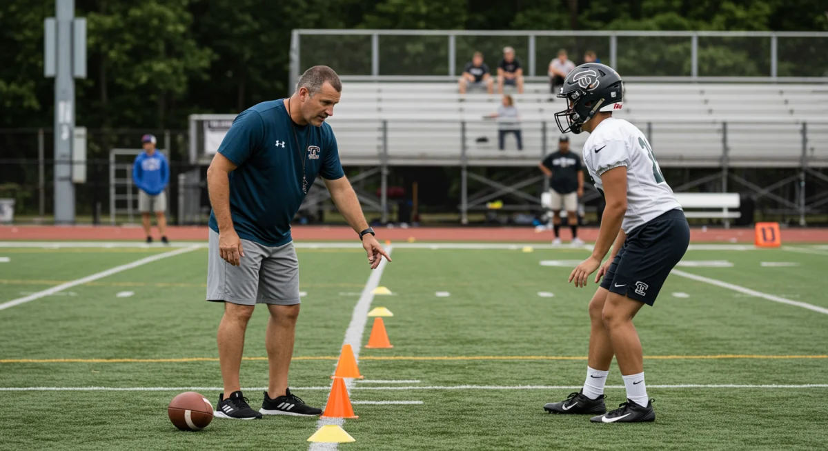 Football coach demonstrating footwork drill to quarterback