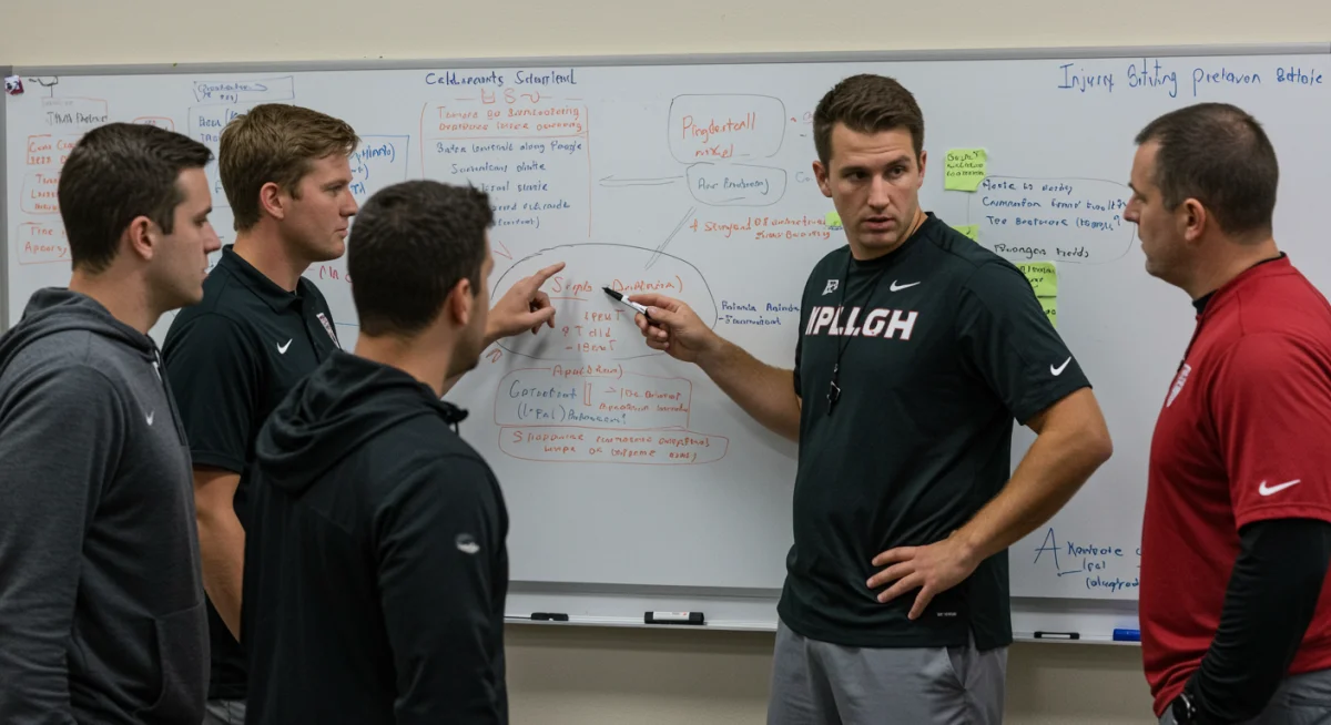 Coaches and athletic trainers discussing injury prevention strategies