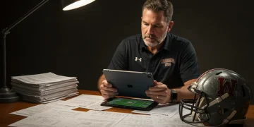 College coach reviewing high school football game film for walk-on prospects