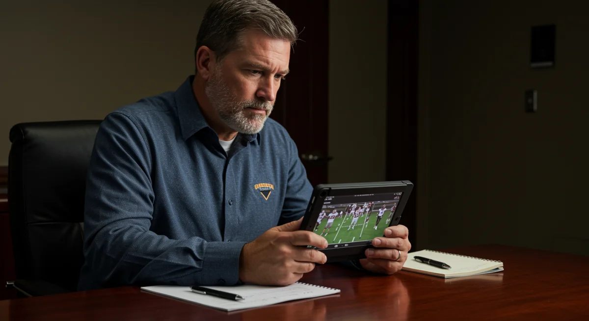 College scout reviewing football highlight reel on tablet