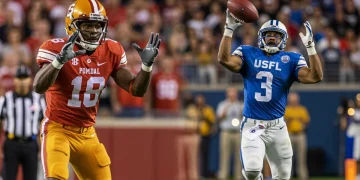 College football player transitioning to USFL stardom