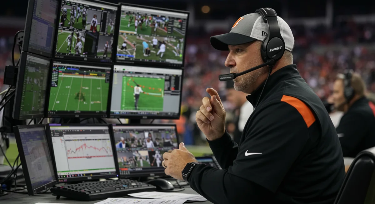 Defensive coordinator analyzing game data in a booth for tactical adjustments.