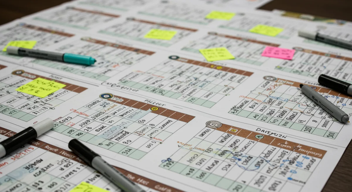 Close-up of a fantasy football draft board with player names and strategic notes, representing a well-thought-out team construction.