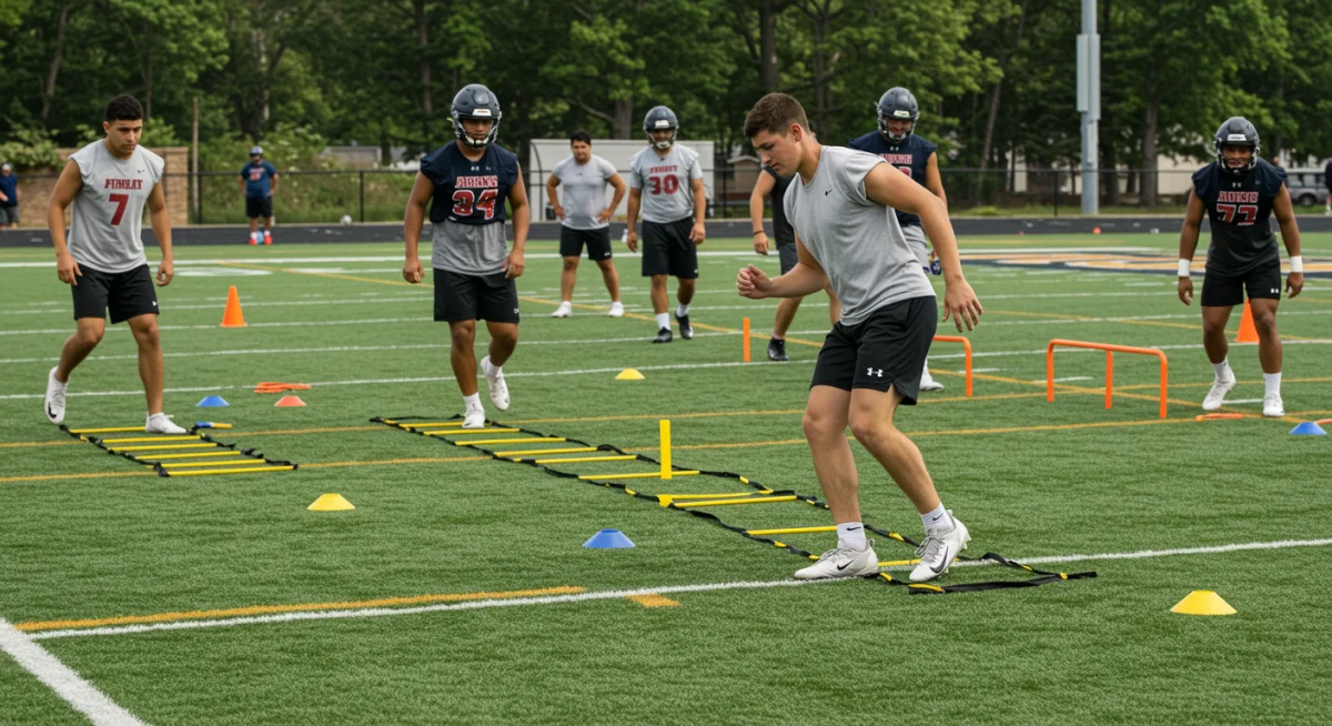 High school football players doing agility ladder drills for speed and coordination
