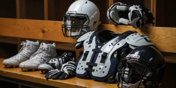 Essential football equipment laid out for a pre-season inspection, including helmet, pads, and cleats.