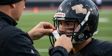Trainer quickly repairing a football helmet with tape on the sidelines