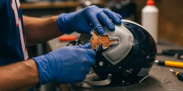 Football helmet repair with needle and thread