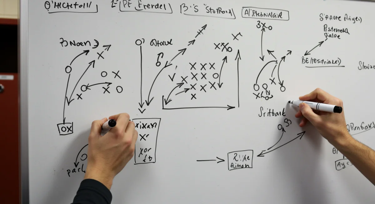 Detailed football play diagram on a whiteboard illustrating offensive strategy