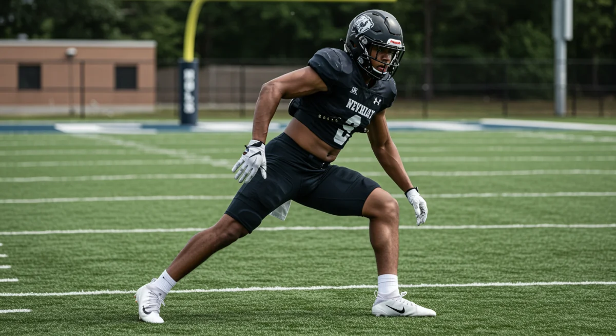 Football player demonstrating agility and mobility in a protective girdle.