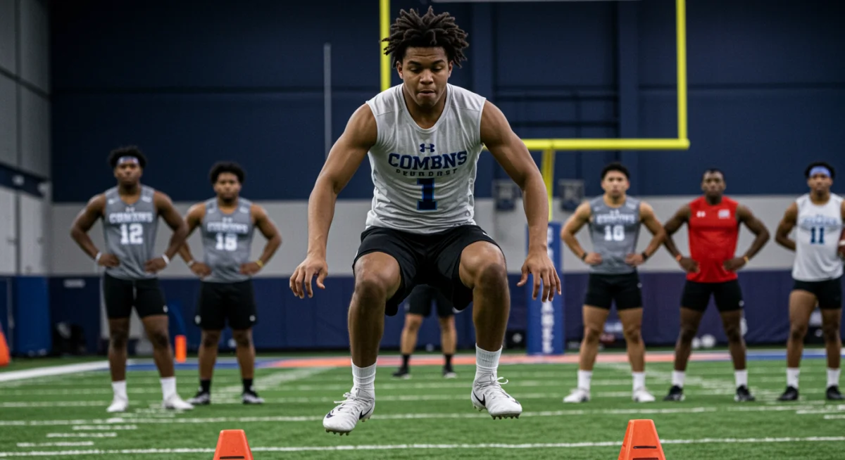 High school football player performing broad jump at combine training