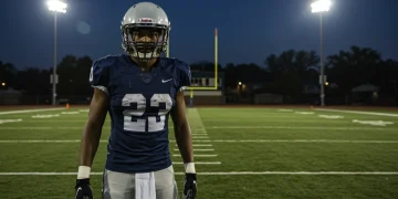Football player with new helmet and gear ready for 2025 season