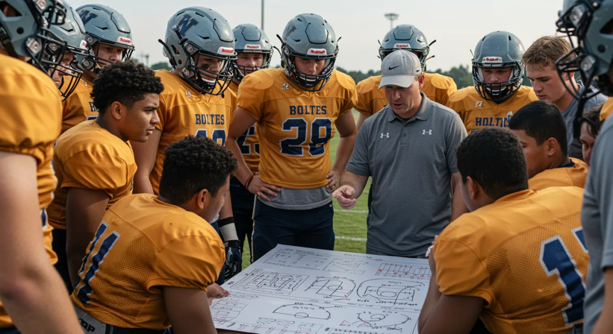 High school football players analyzing tactics with coach