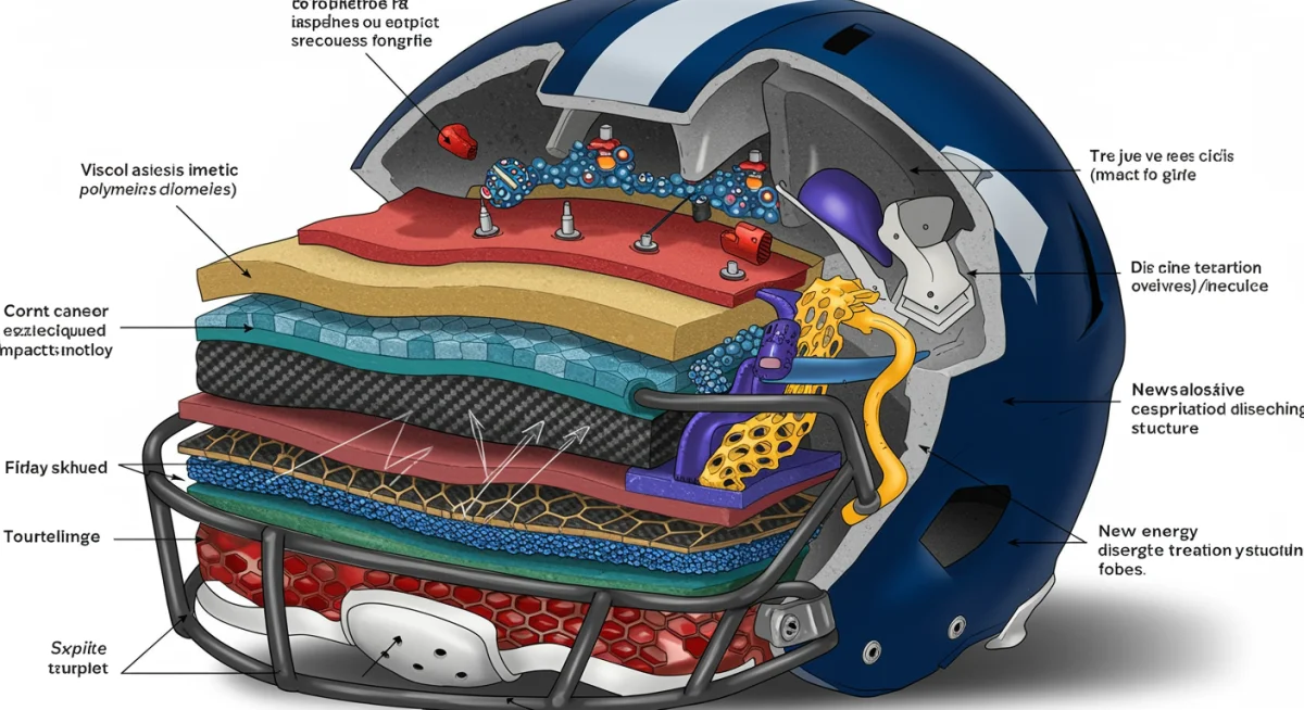 Cross-section of a football helmet showing multi-layered impact absorption.