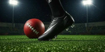 High-performance football cleat in action on a field, showcasing advanced traction technology.