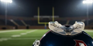 High-performance football mouthguard on helmet, field in background
