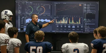 Data Analytics in High School Football: 2025 Edge High school football coach analyzing data with players