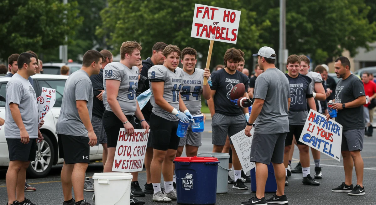 High school football team fundraising car wash