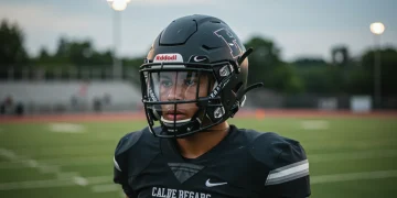 High school football player in advanced safety helmet on field