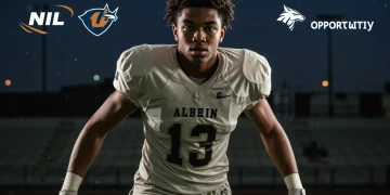 High school football player contemplating NIL opportunities with digital brand overlays.