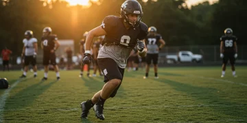 High school football player sprinting during off-season strength and conditioning training