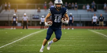 High school football player running with the ball, demonstrating strength and athletic performance.