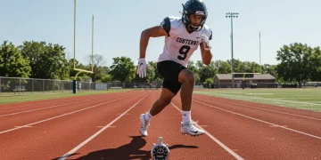 High school football player sprinting during combine preparation