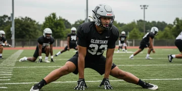 High school football player stretching, emphasizing injury prevention