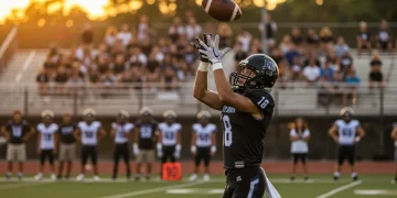 High school football player making a catch, symbolizing competitive recruiting