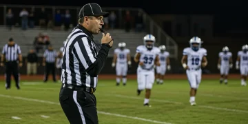High school football referee making a call during a game, symbolizing new officiating rules.