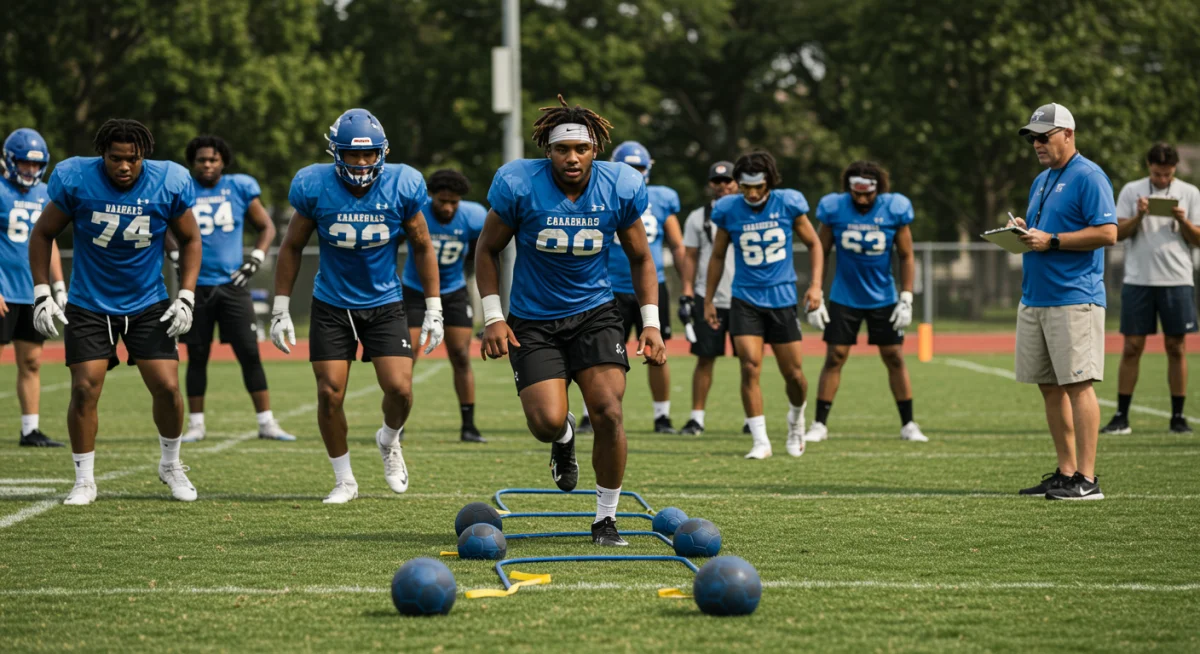 High school football players demonstrating skills for college scouts