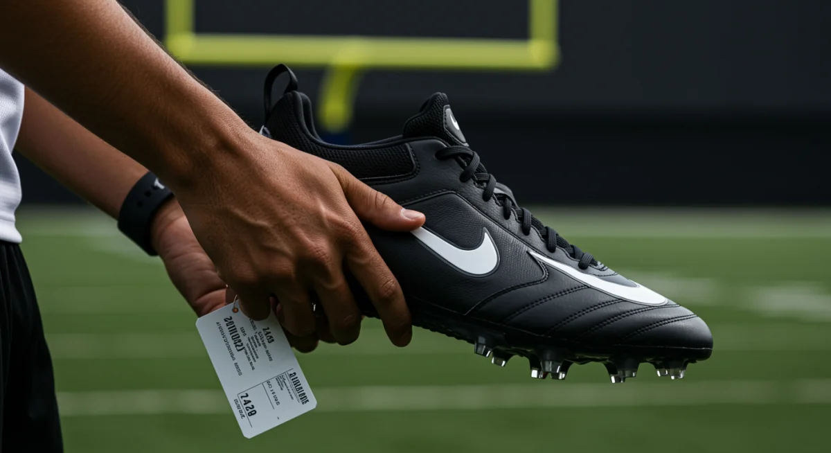 Football player inspecting cleats for quality and value, emphasizing smart purchasing.