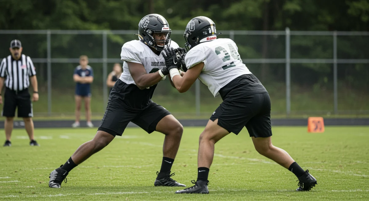 High school linemen performing one-on-one blocking drill