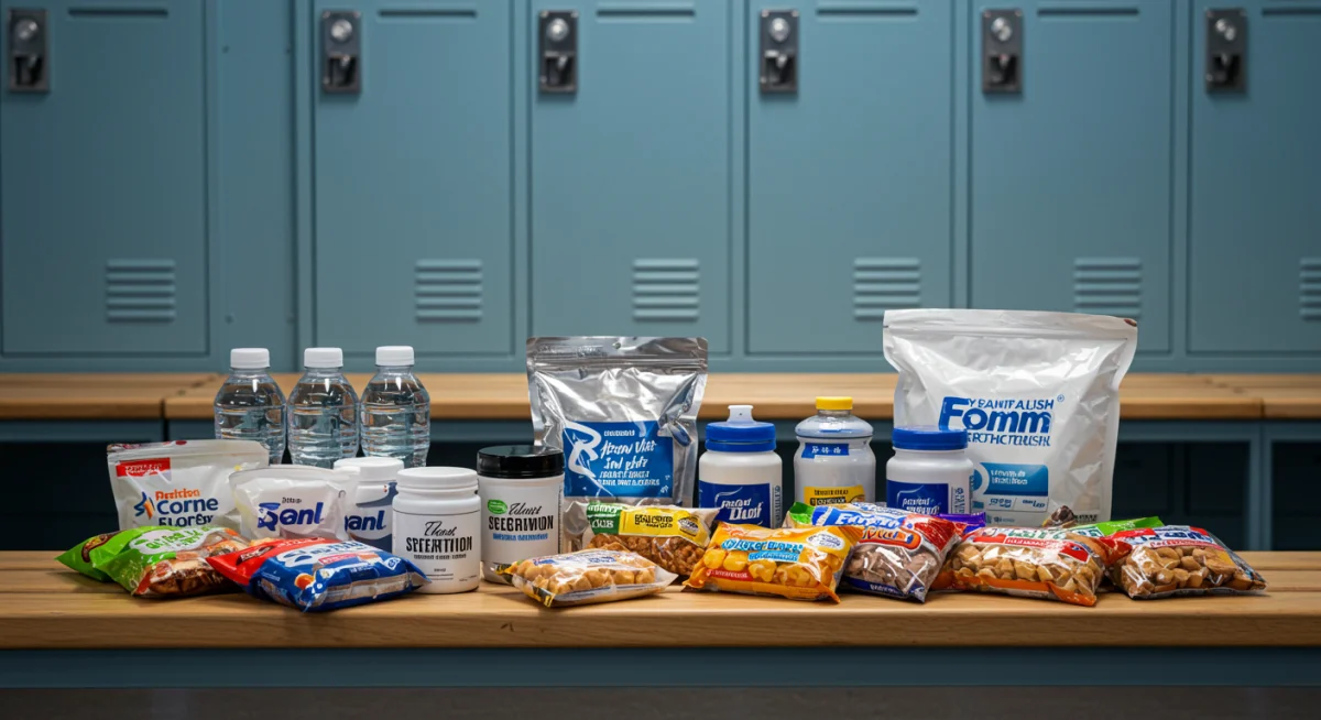 Sports nutrition supplements, water bottles, and healthy snacks organized in a locker room.