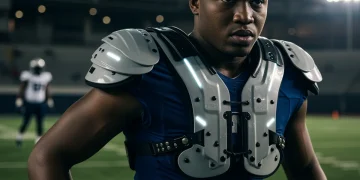 Modern football player in advanced shoulder pads on field