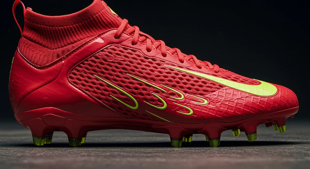 Close-up of a modern synthetic football cleat highlighting engineered mesh