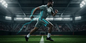 Dynamic football player showcasing next-gen apparel on a modern stadium field