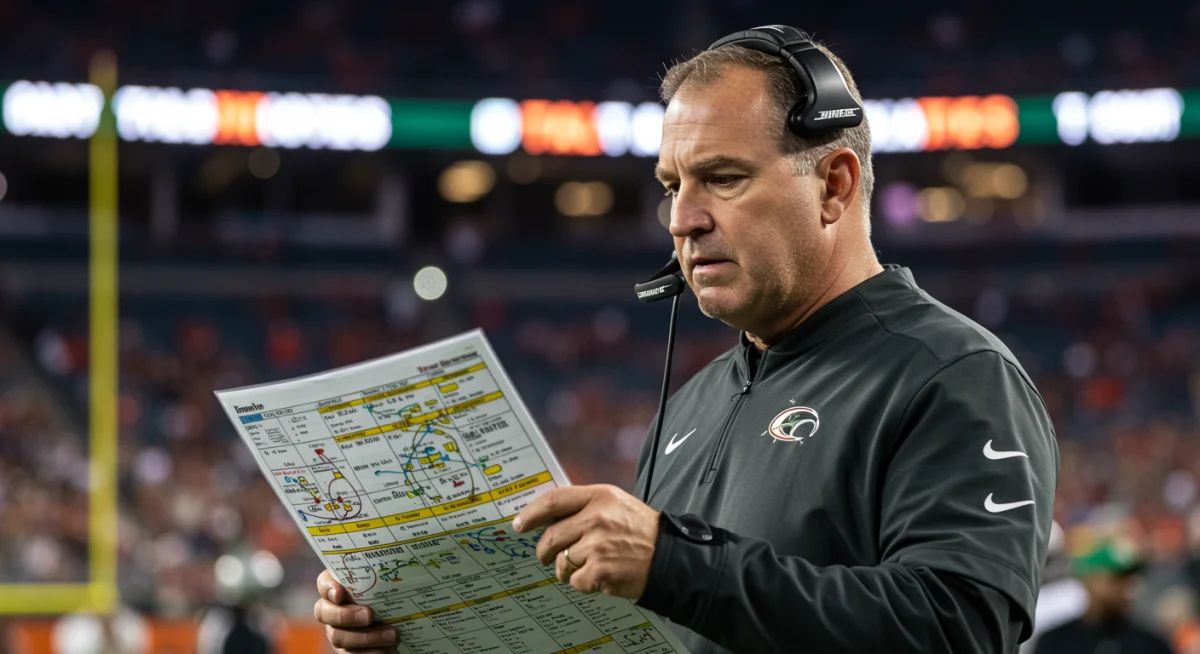 NFL coach reviewing play sheet on sidelines during a tense game moment