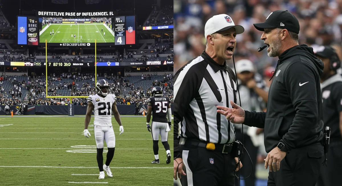 Split-screen showcasing a pass interference review and a coach arguing a call, reflecting NFL officiating controversies.