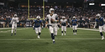 Dynamic NFL game action with quarterback executing an innovative offensive play