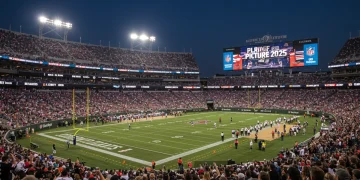 NFL stadium with playoff picture on scoreboard, capturing the excitement of the 2025 season's playoff race.
