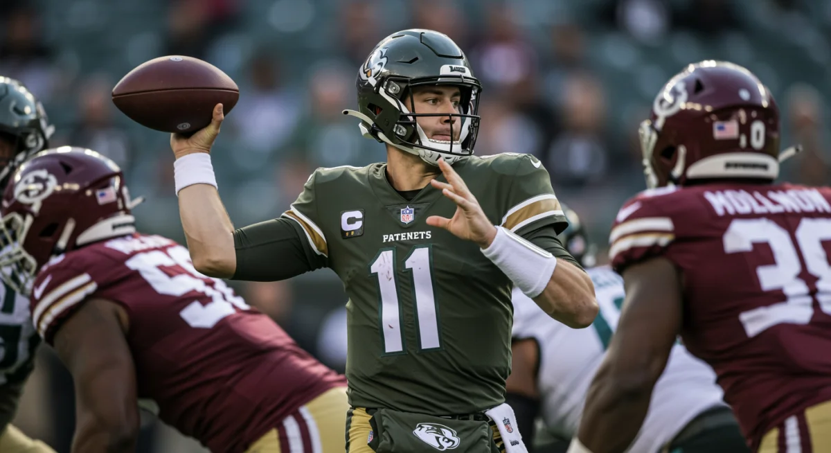 Determined NFL quarterback making a crucial pass during a game, highlighting strategic offensive plays.