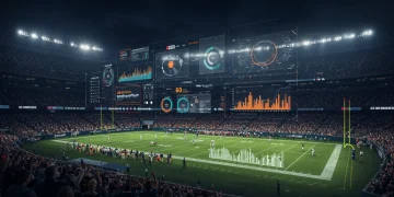 Advanced football analytics data superimposed over a brightly lit NFL stadium at night, illustrating post-game insights.